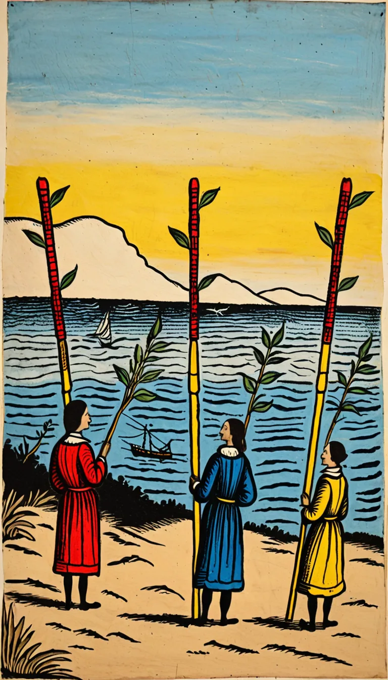 Tres de Bastos en el Tarot de Marsella